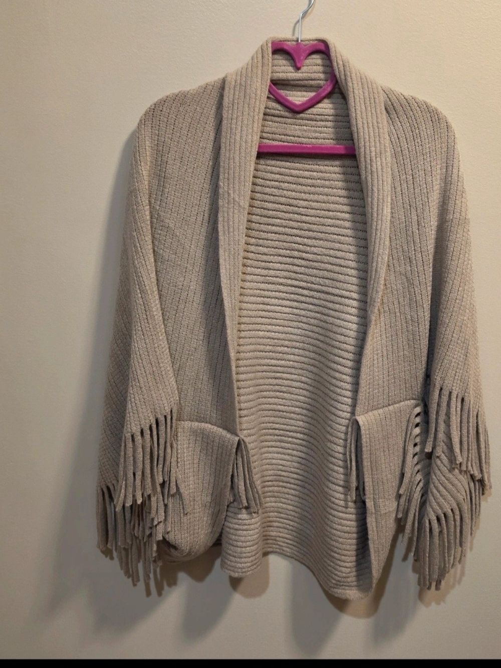 Open-Front Beige Fringe Knit Cardigan